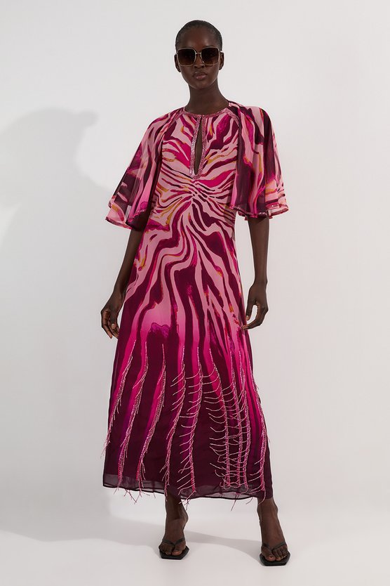 karen millen Animal Print Georgette Embellished Short Sleeve Woven Maxi Dress pink