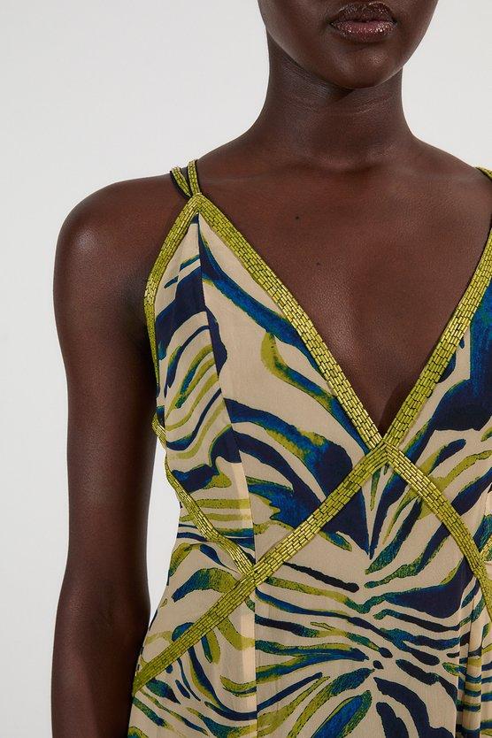 Karen Millen Animal Print Georgette Embellished Strappy Woven Maxi Dress Navy