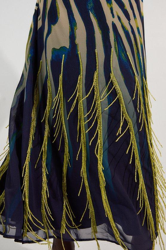 Karen Millen Animal Print Georgette Embellished Strappy Woven Maxi Dress Navy