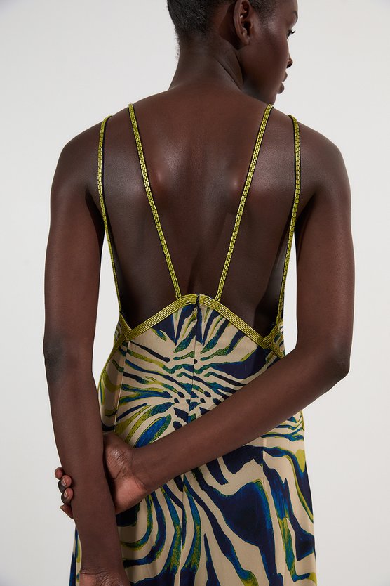 Karen Millen Animal Print Georgette Embellished Strappy Woven Maxi Dress Navy