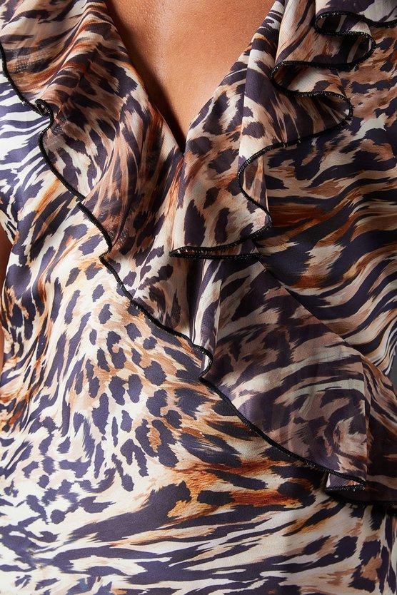 Karen Millen Animal Satin Wrap Chiffon Frill Detail Midi Dress Animal