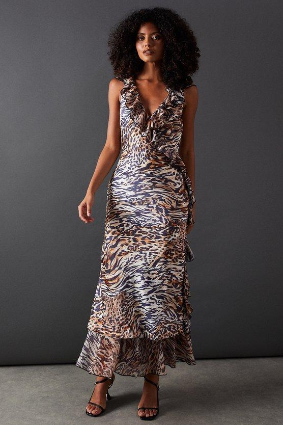 karen millen Animal Satin Wrap Chiffon Frill Detail Midi Dress animal