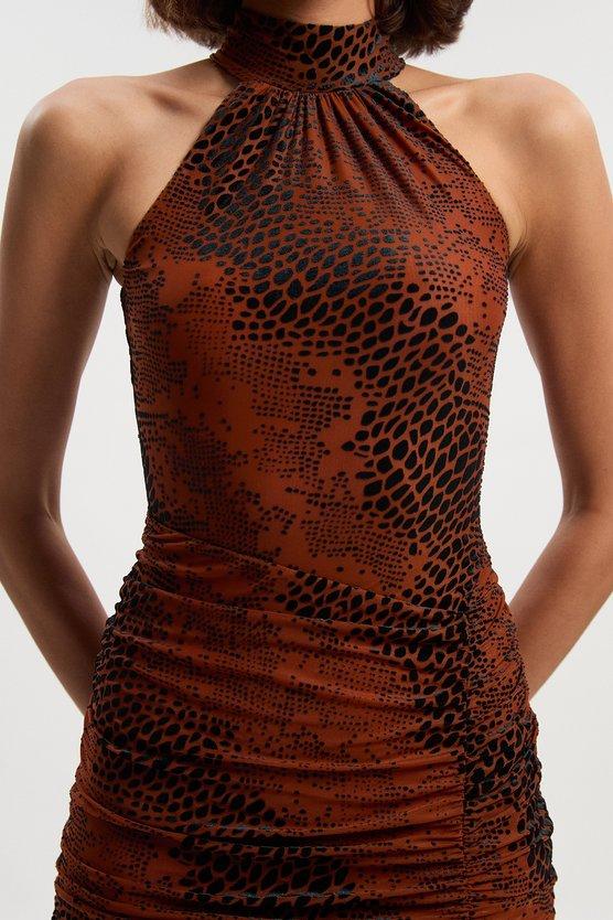 Karen Millen Animal Stretch Velvet Devore Halter Neck Mini Dress Rust