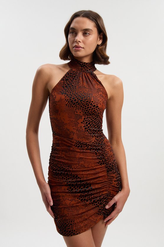 karen millen Animal Stretch Velvet Devore Halter Neck Mini Dress rust karen millen Animal Stretch Velvet Devore Halter Neck Mini Dress rust