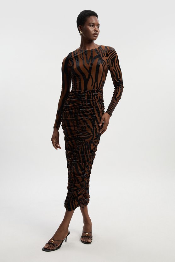 Karen Millen Animal Stretch Velvet Devore Midi Dress Rust