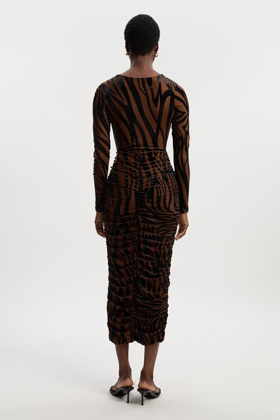 Karen Millen Animal Stretch Velvet Devore Midi Dress Rust