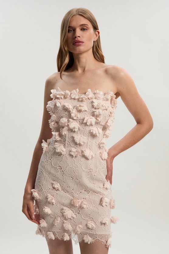 Karen Millen Applique Lace Corset Woven Mini Dress Natural