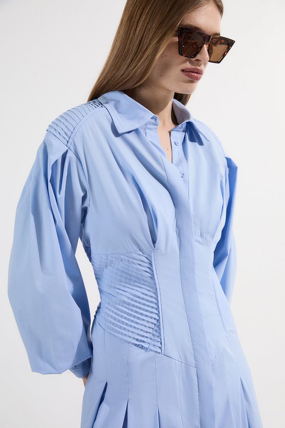 Karen Millen Archive Collection - Cotton Poplin Balloon Sleeve Corset Woven Maxi Dress Blue