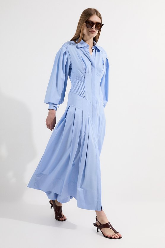 Karen Millen Archive Collection - Cotton Poplin Balloon Sleeve Corset Woven Maxi Dress Blue