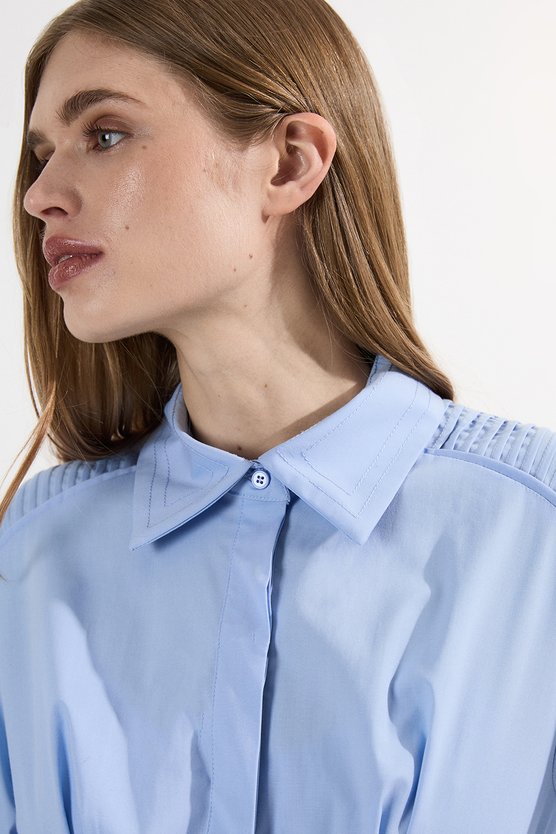 Karen Millen Archive Collection - Cotton Poplin Balloon Sleeve Corset Woven Maxi Dress Blue