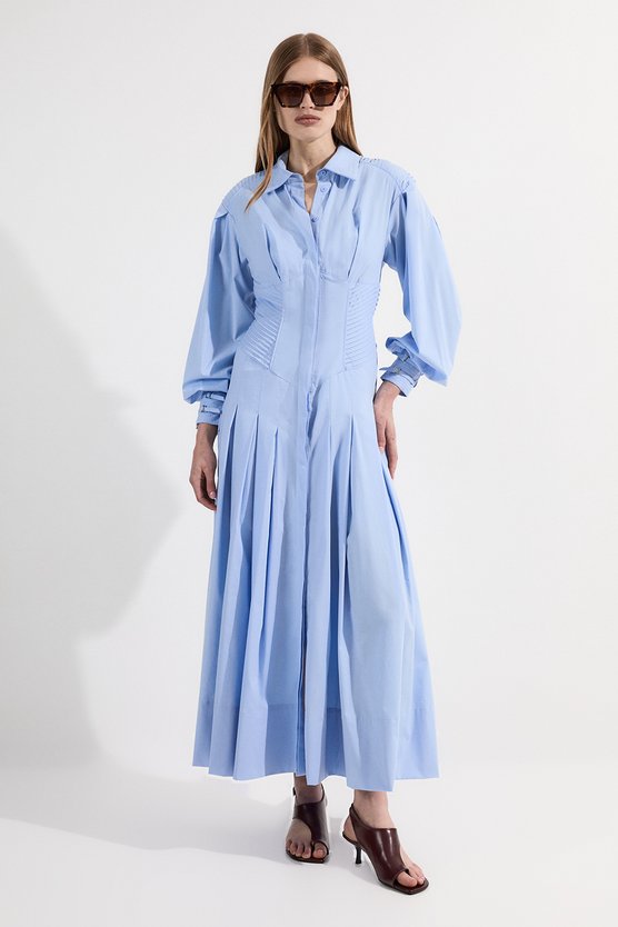 karen millen Archive Collection - Cotton Poplin Balloon Sleeve Corset Woven Maxi Dress blue
