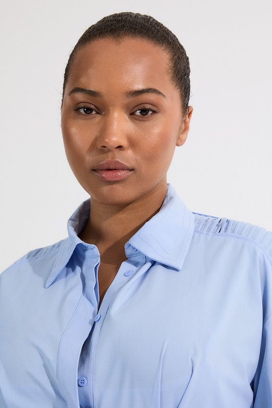 Karen Millen Archive Collection - Plus Size Cotton Poplin Balloon Sleeve Corset Woven Maxi Dress Blue