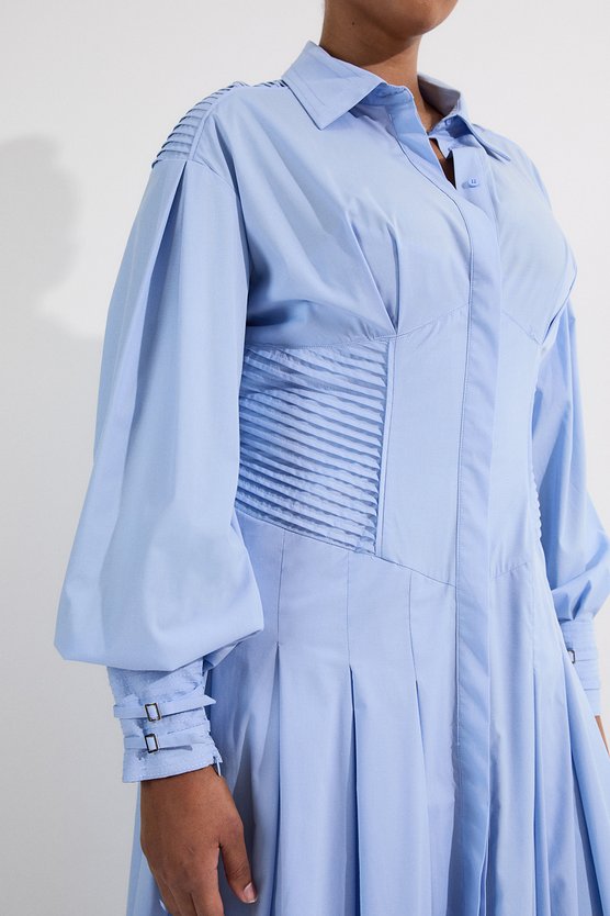 Karen Millen Archive Collection - Plus Size Cotton Poplin Balloon Sleeve Corset Woven Maxi Dress Blue