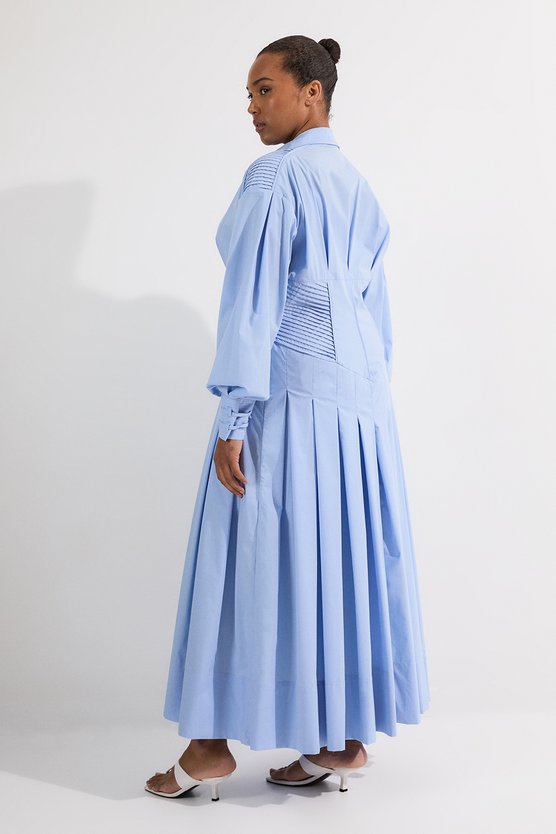 Karen Millen Archive Collection - Plus Size Cotton Poplin Balloon Sleeve Corset Woven Maxi Dress Blue