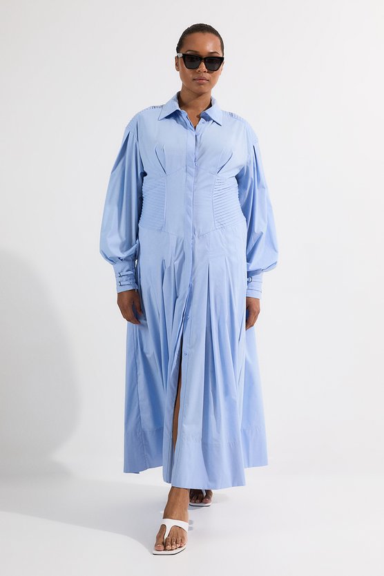 karen millen Archive Collection - Plus Size Cotton Poplin Balloon Sleeve Corset Woven Maxi Dress blue