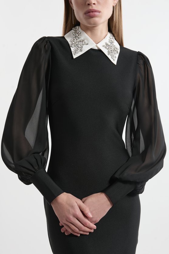 Karen Millen Bandage Collared Knitted Midi Dress With Sheer Sleeve Black