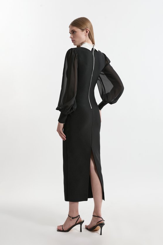 Karen Millen Bandage Collared Knitted Midi Dress With Sheer Sleeve Black