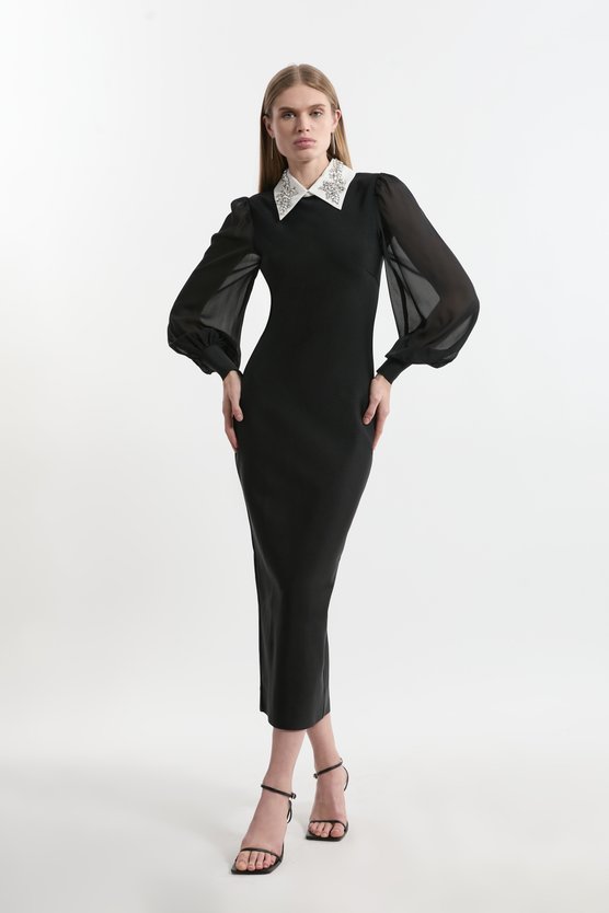 karen millen Bandage Collared Knitted Midi Dress With Sheer Sleeve black