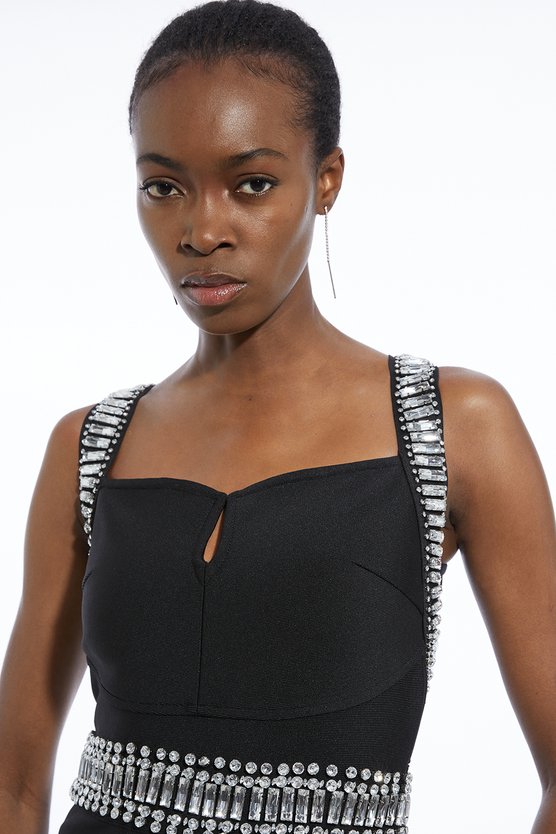 Karen Millen Bandage Figure Form Knit Embellished Maxi Dress Black