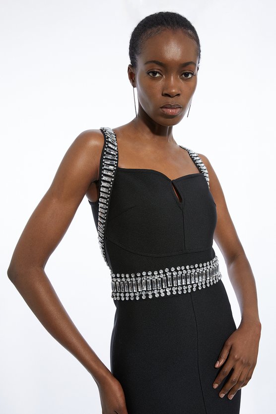 Karen Millen Bandage Figure Form Knit Embellished Maxi Dress Black