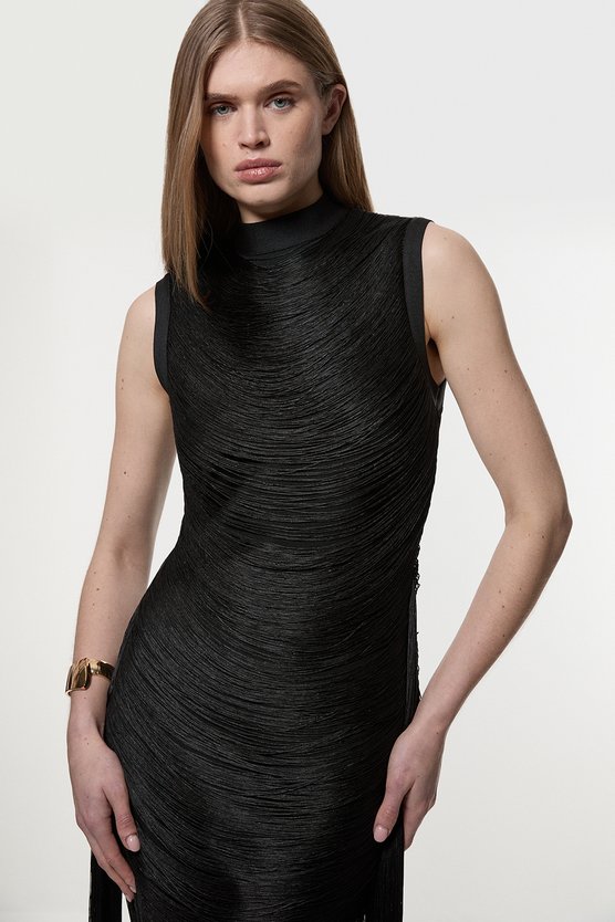 Karen Millen Bandage Figure Form Knit Tassel Mini Dress Black