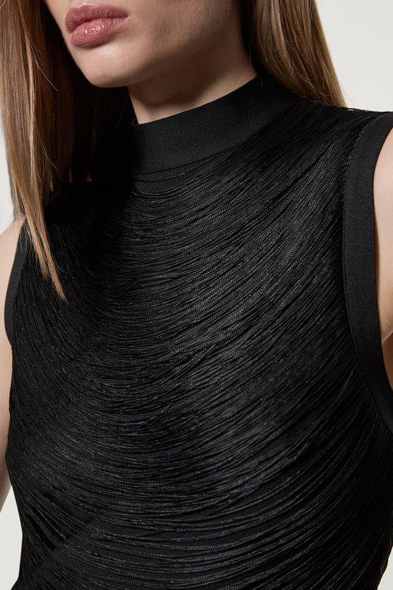 Karen Millen Bandage Figure Form Knit Tassel Mini Dress Black