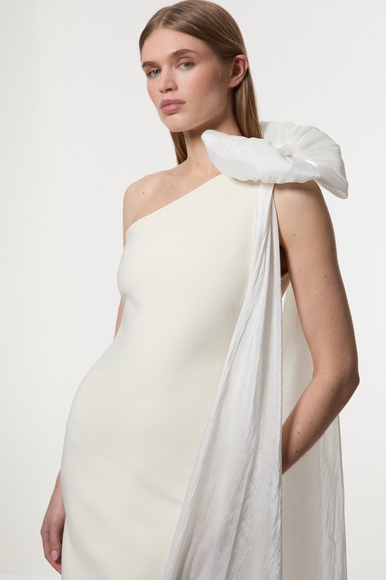 Karen Millen Bandage Figure Form Knit Woven Cape Detail Maxi Dress Ivory