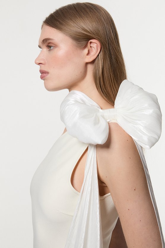 Karen Millen Bandage Figure Form Knit Woven Cape Detail Maxi Dress Ivory