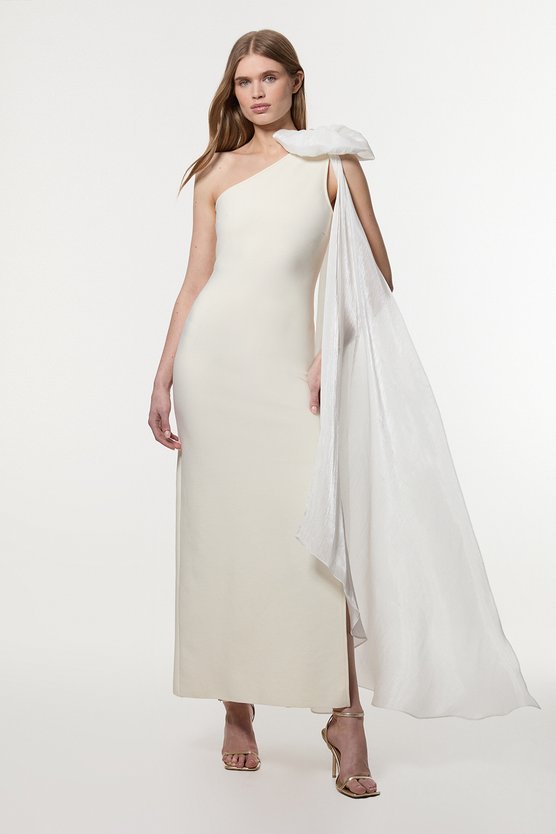 karen millen Bandage Figure Form Knit Woven Cape Detail Maxi Dress ivory