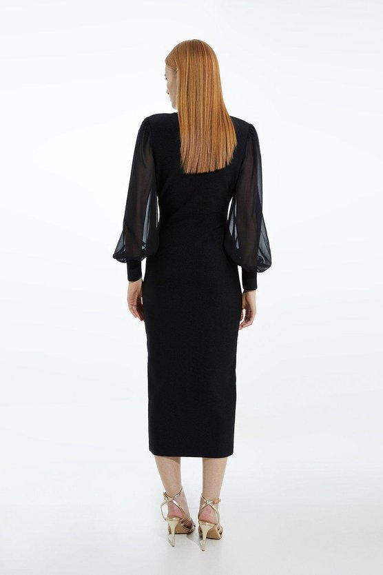 Karen Millen Bandage Figure Form Zip Detail Chiffon Sleeve Knit Dress Black