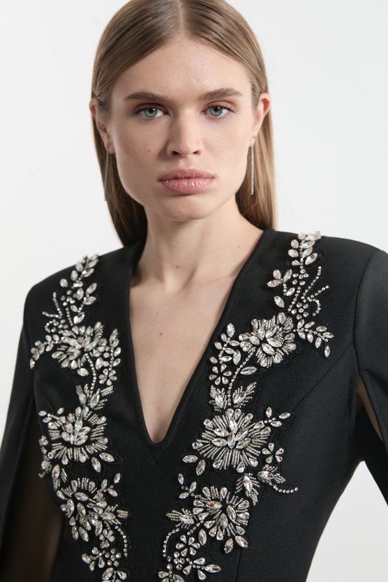 Karen Millen Bandage Form Fitting Cape Sleeve Embellished Mini Dress Cobalt