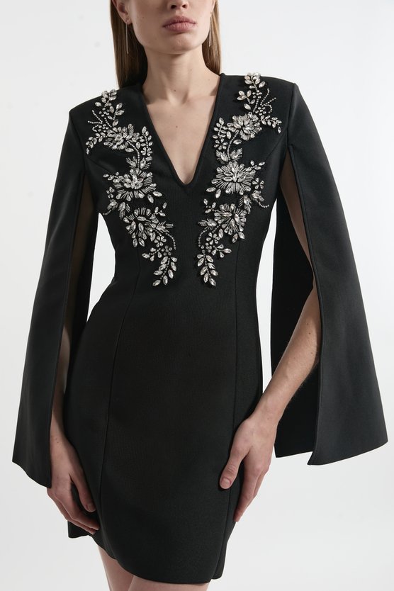 Karen Millen Bandage Form Fitting Cape Sleeve Embellished Mini Dress Cobalt