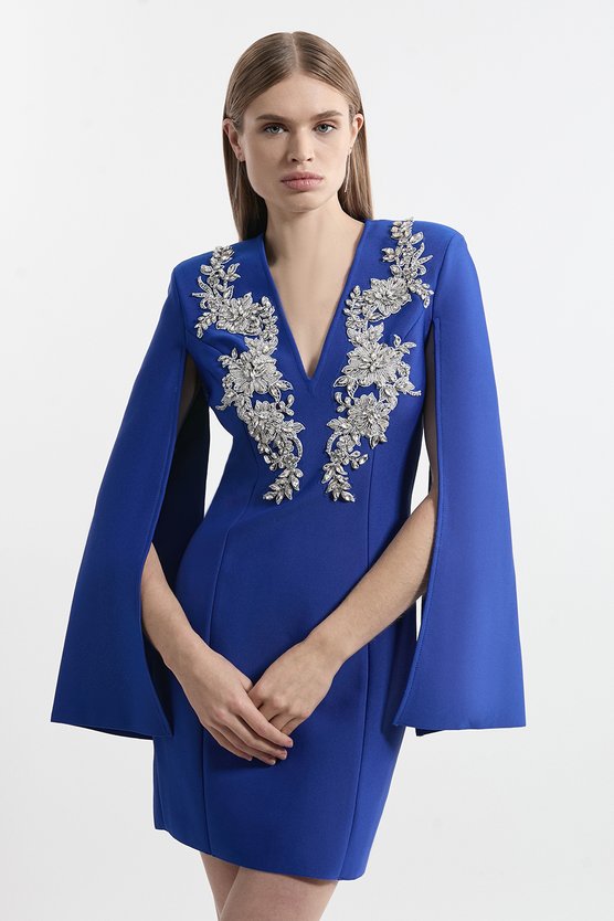 karen millen Bandage Form Fitting Cape Sleeve Embellished Mini Dress cobalt karen millen Bandage Form Fitting Cape Sleeve Embellished Mini Dress cobalt