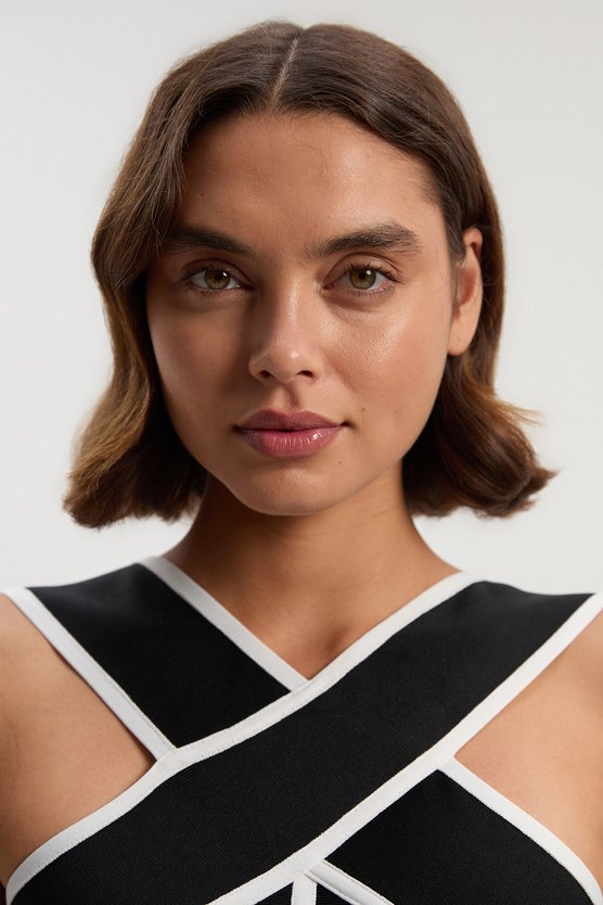 Karen Millen Bandage Knit Contrast Cross Front Dress Black