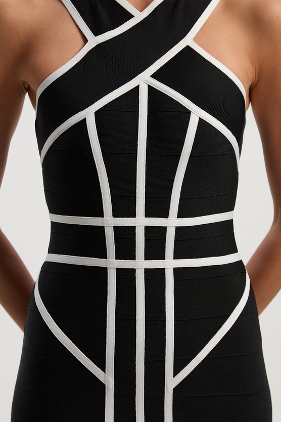 Karen Millen Bandage Knit Contrast Cross Front Dress Black