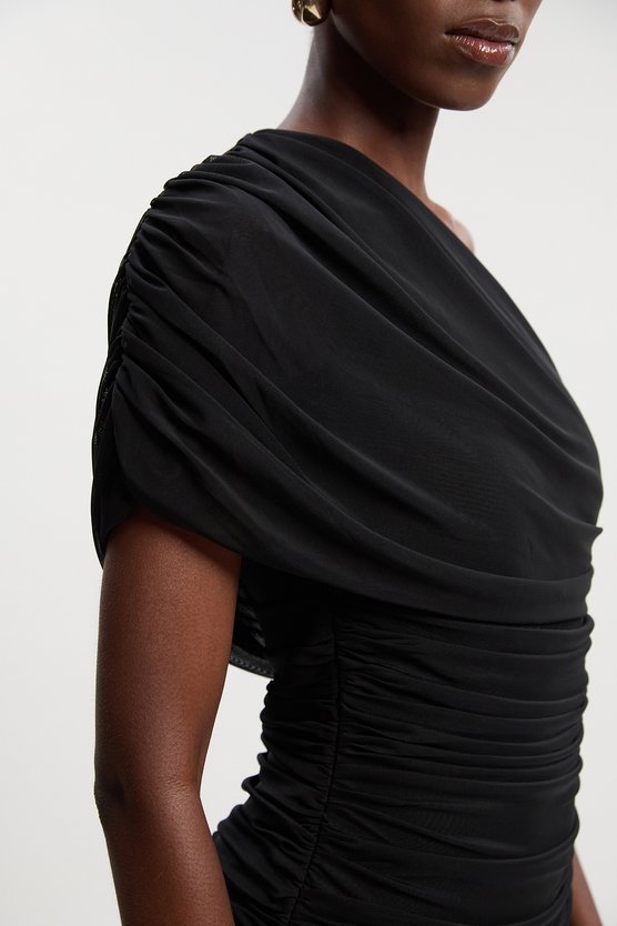 Karen Millen Bandage Mesh Gathered Asymmetric Neck Knitted Maxi Dress Black
