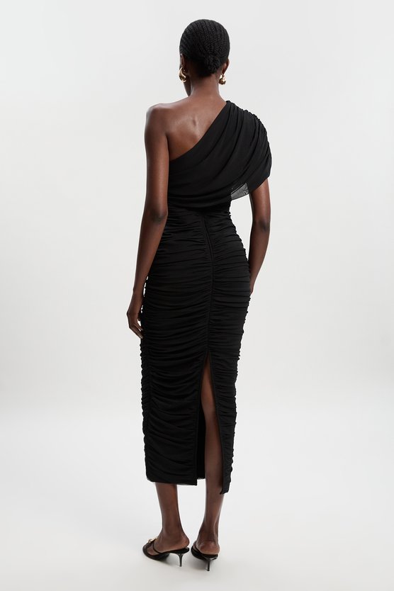 Karen Millen Bandage Mesh Gathered Asymmetric Neck Knitted Maxi Dress Black