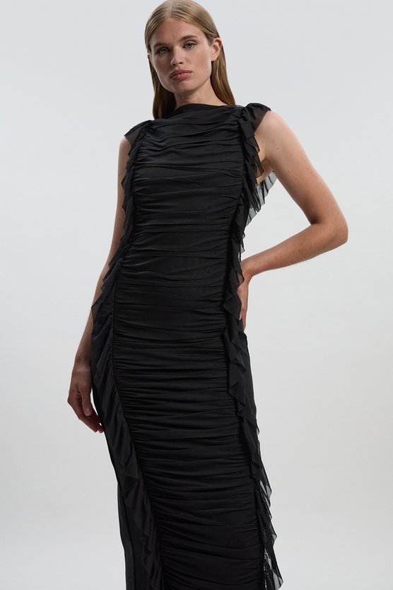 Karen Millen Bandage Mesh Gathered Ruffle Knitted Maxi Dress Black