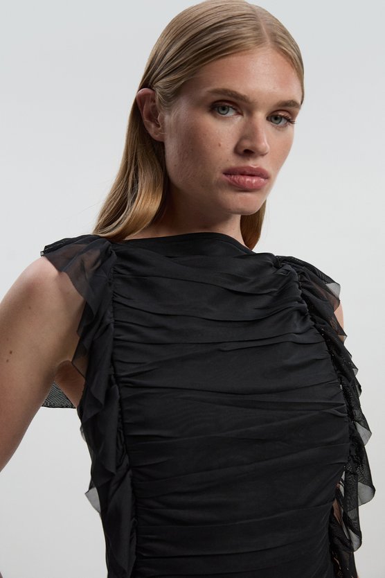 Karen Millen Bandage Mesh Gathered Ruffle Knitted Maxi Dress Black