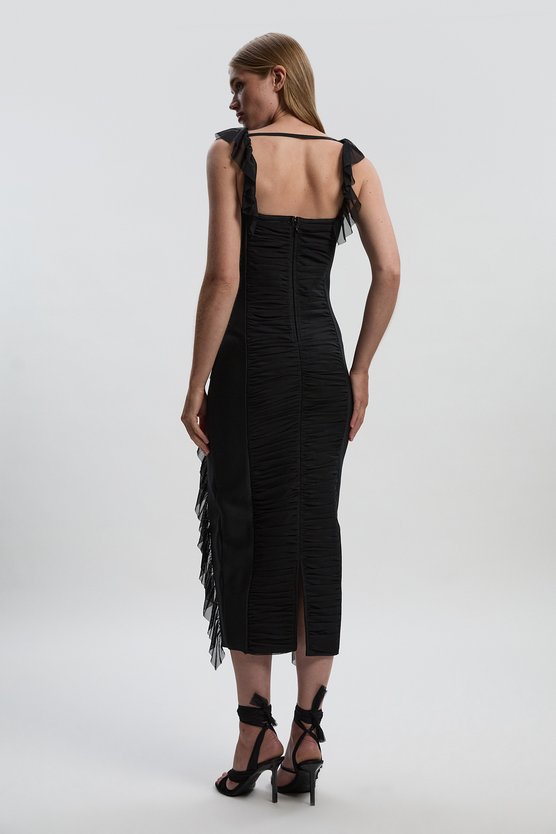 Karen Millen Bandage Mesh Gathered Ruffle Knitted Maxi Dress Black