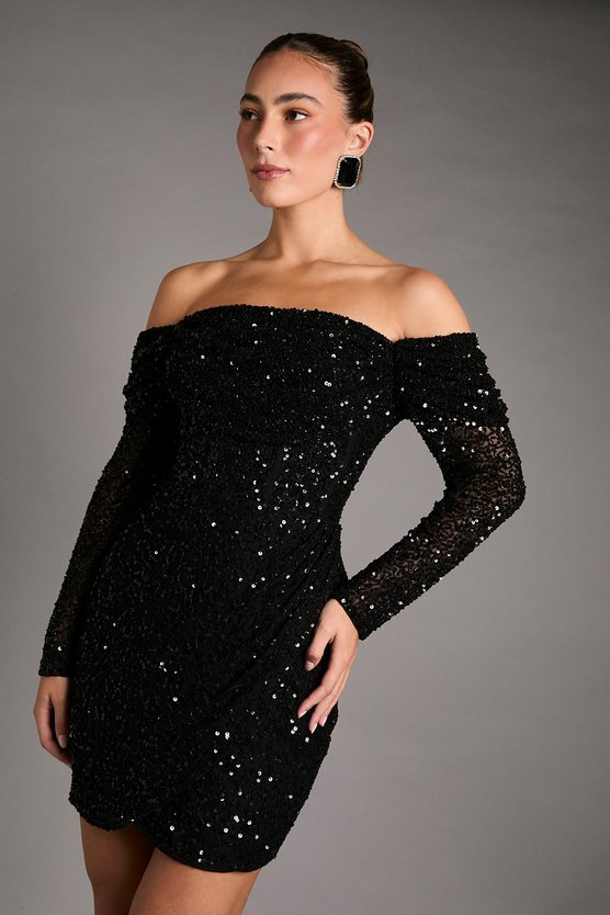 Karen Millen Bardot Long Sleeve Wrap Skirt Mini Dress Black