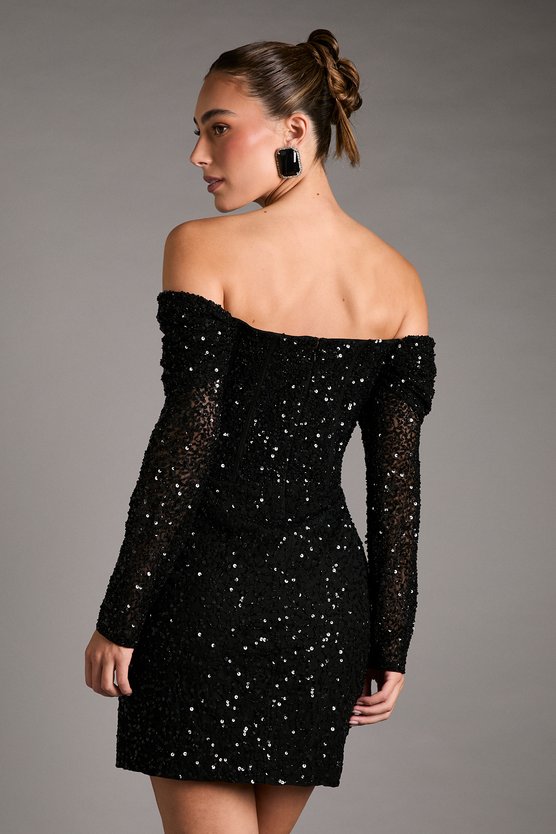 Karen Millen Bardot Long Sleeve Wrap Skirt Mini Dress Black