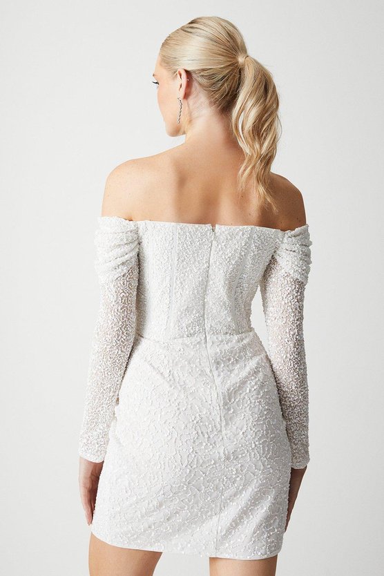 Karen Millen Bardot Long Sleeve Wrap Skirt Mini Dress Ivory