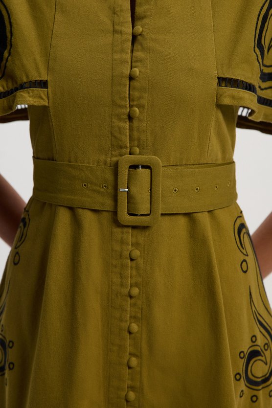 Karen Millen Baroque Embroidered Cape Sleeve Twill Woven Maxi Dress Khaki