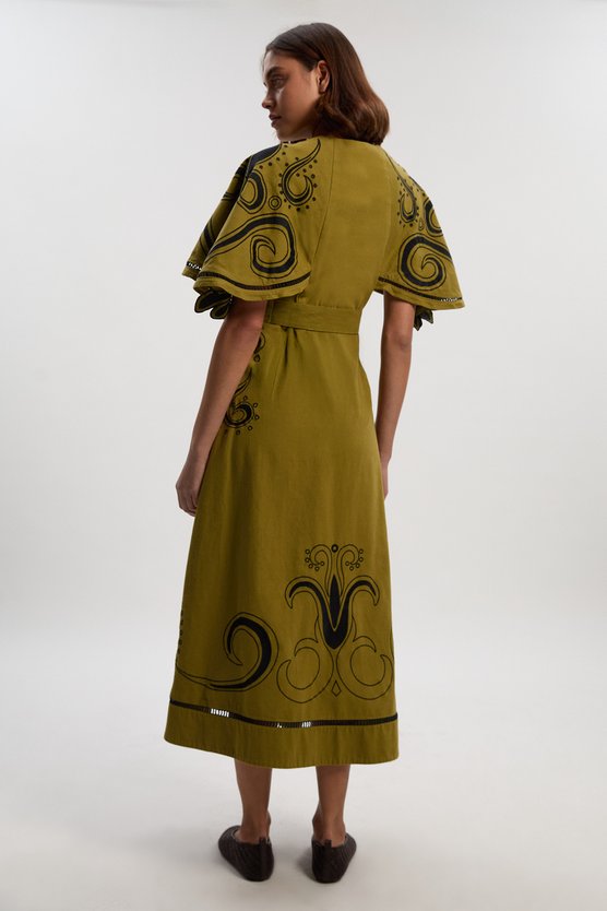 Karen Millen Baroque Embroidered Cape Sleeve Twill Woven Maxi Dress Khaki