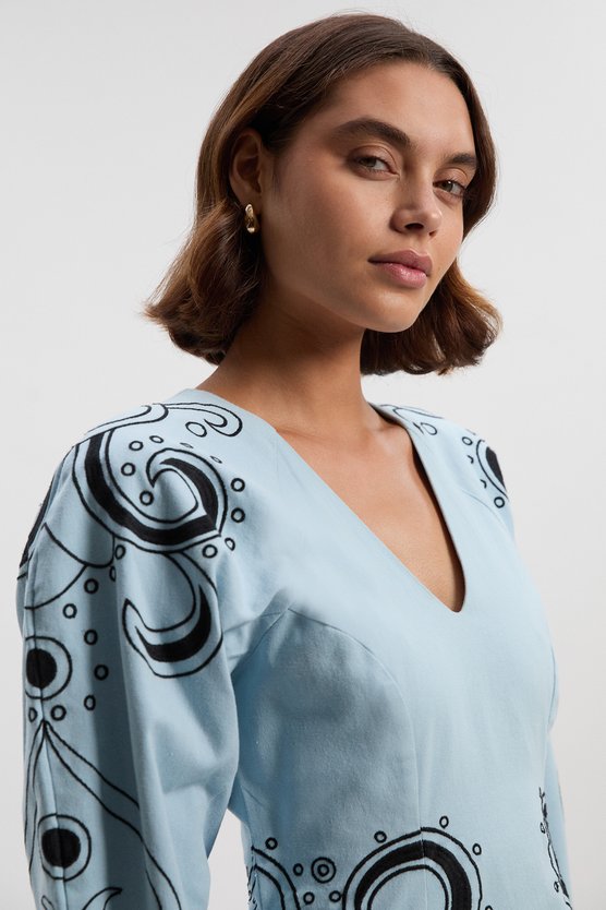 Karen Millen Baroque Embroidered Long Sleeve Twill Woven Midi Dress Blue