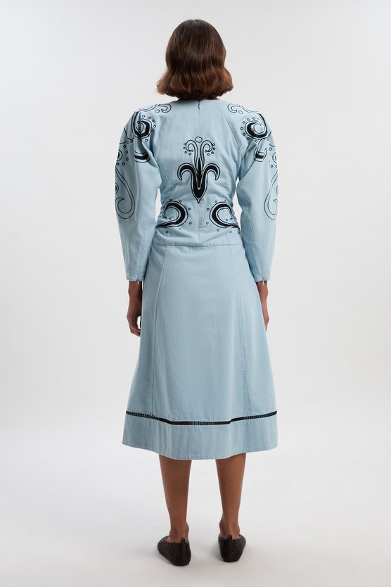 Karen Millen Baroque Embroidered Long Sleeve Twill Woven Midi Dress Blue