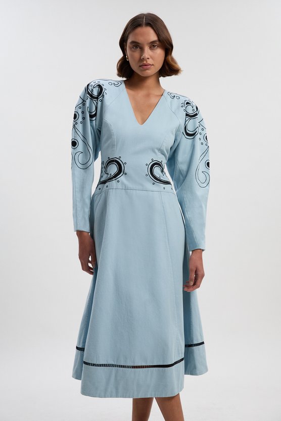 karen millen Baroque Embroidered Long Sleeve Twill Woven Midi Dress blue