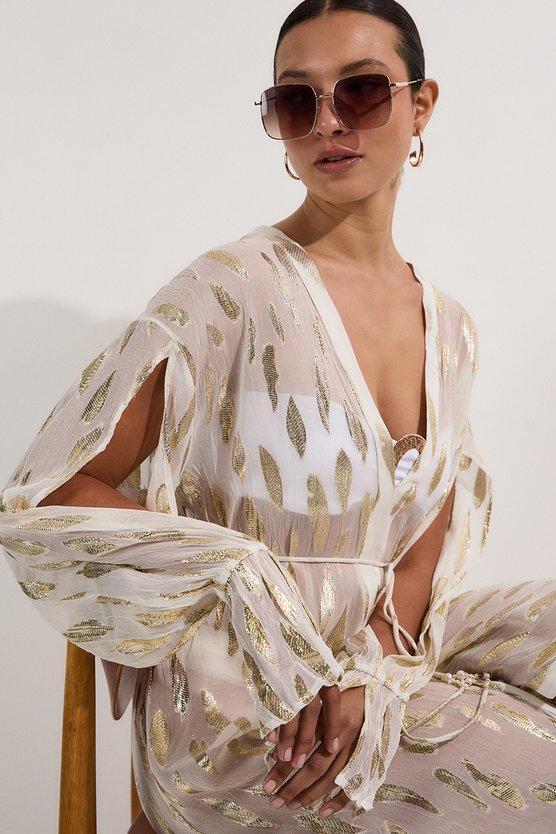 Karen Millen Beach Metallic Thread Plunge Shirt Maxi Dress Ivory