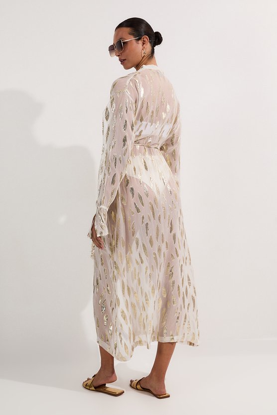 Karen Millen Beach Metallic Thread Plunge Shirt Maxi Dress Ivory